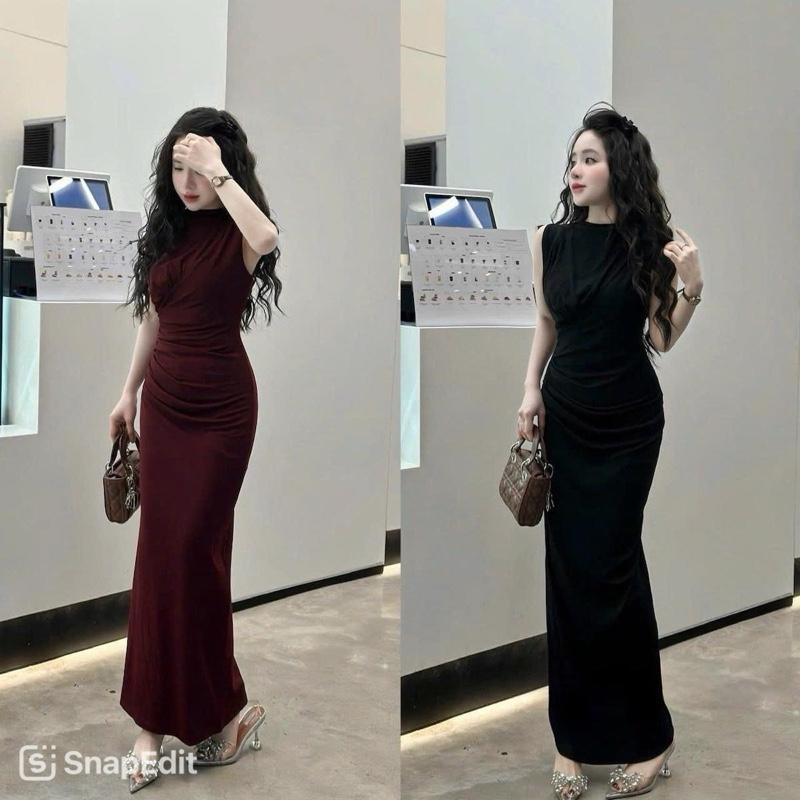 Nhật-Duyên — Váy body Bigsize Sát Nách Cổ Cao Nhúm Eo Dáng Dài Chất Liệu Thun Gân Co Giãn Tốt Ôm Sát Cơ Thể Che Khuyết Điểm Vòng 2 Sang Trọng Cho Dự Tiệc Đi Làm