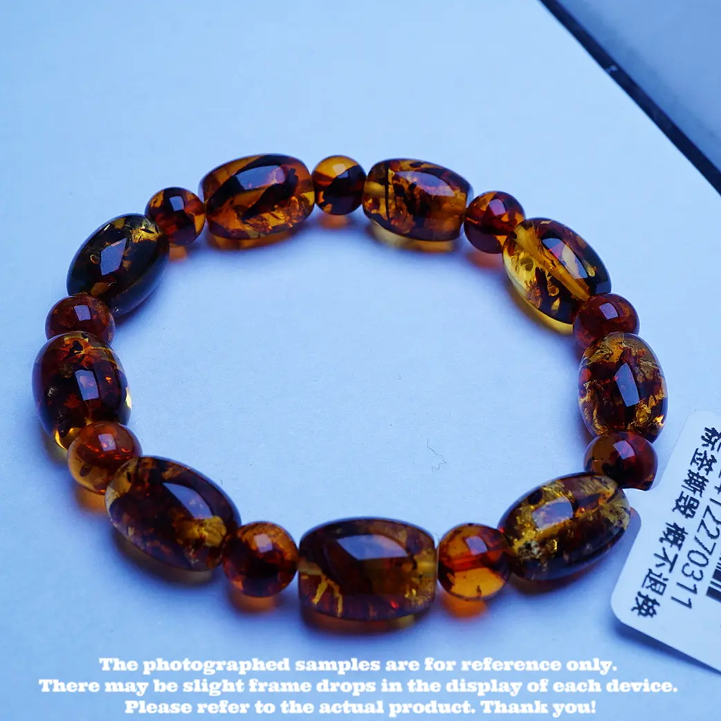 Natural Flower Amber and Beeswax Round Bead Bracelet