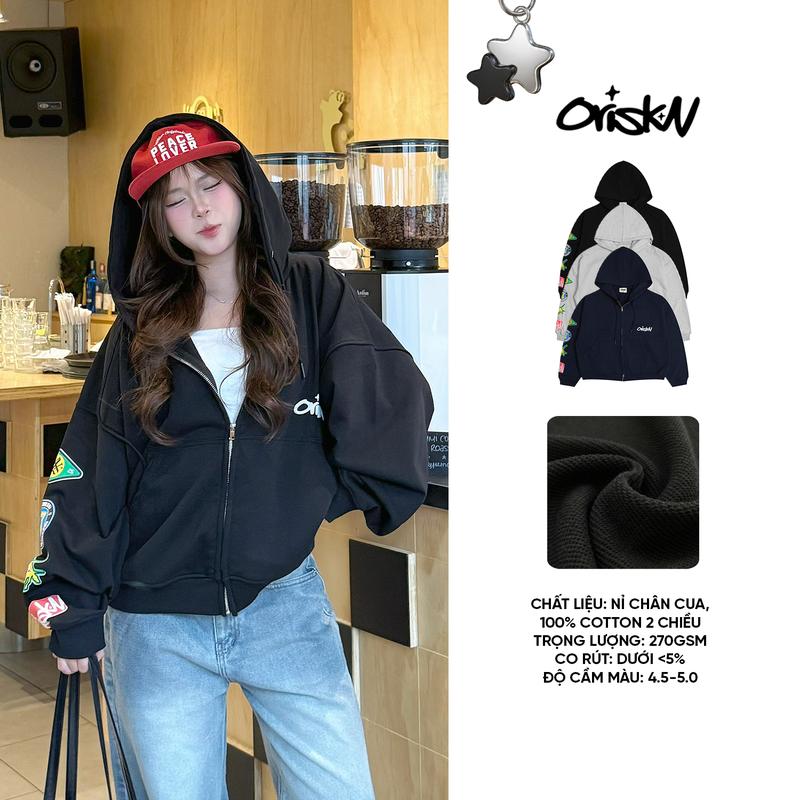 ORISK.N | PATCHES HOODIE-ZIP 380GSM - Áo khoác nỉ chân cua Form Boxy Dây kéo kim loại/logo in phồng (Ko xù lông/ có túi trong) Orisk.n