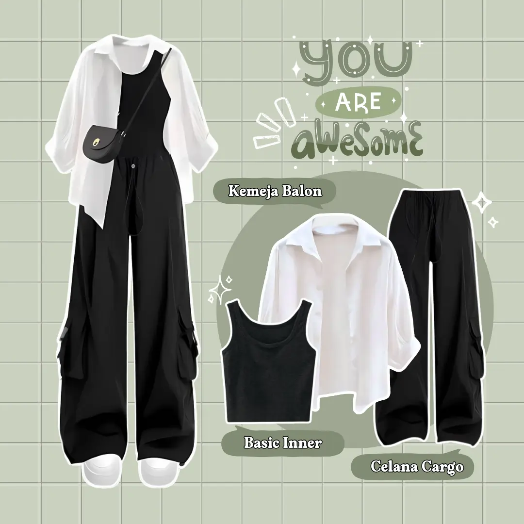 Setelan Wanita Cute Korean Outfit (Kemeja Putih Lengan Balon, Inner Tank Top, Celana Cargo) LQ077 Baju Basic Shakila Stretch one  set