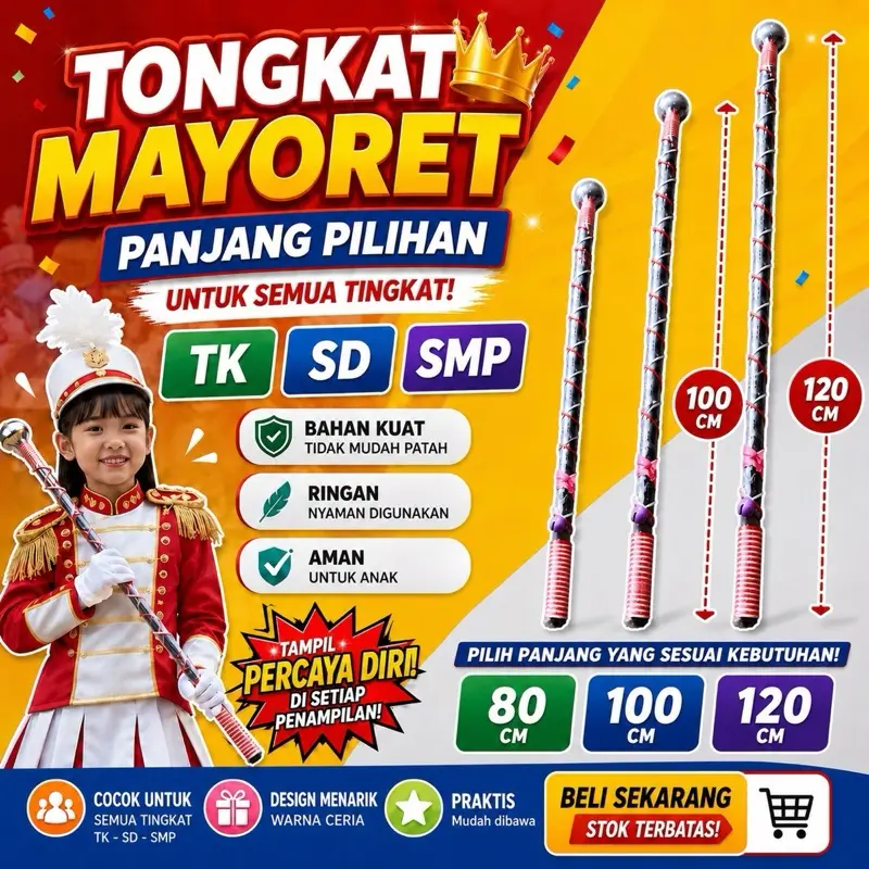 Tongkat Mayoret TK SD SMP Panjang Pilihan 80 100 120 CM Bahan Kuat Ringan Aman untuk Anak Cocok untuk Semua Tingkat