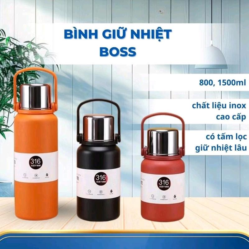 (Tặng túi vải) Bình giữ nhiệt inox 316 (Boss 82) 1500ml/1000ml/800ml có nắp cốc, lọc trà tiện lợi