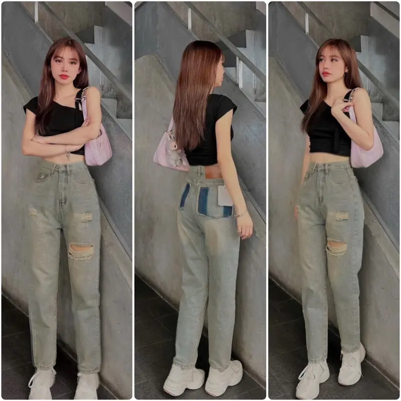 (S-XXL) Quần Baggy Jean Nữ Lưng Cao Rách phối mác da, tông màu vàng bụi, chất jean cotton mềm nhẹ thoải mái, dài 95cm. quần jean Pants Women 3408 bui
