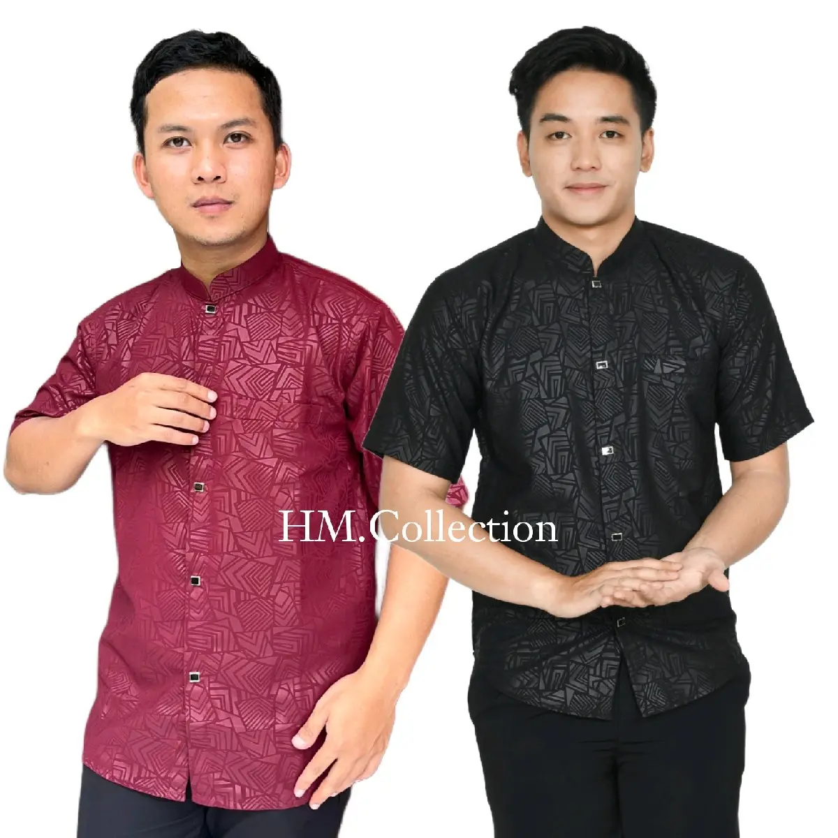 HM -Atasan baju koko pria Casual Dewasa kemeja Formal lengan pendek lebaran, Motif etnik sultan  Kerah Mandarin Kancing import  Hitam premium BISA SERAGAM. Katun Embos Muslim. Batik Navy