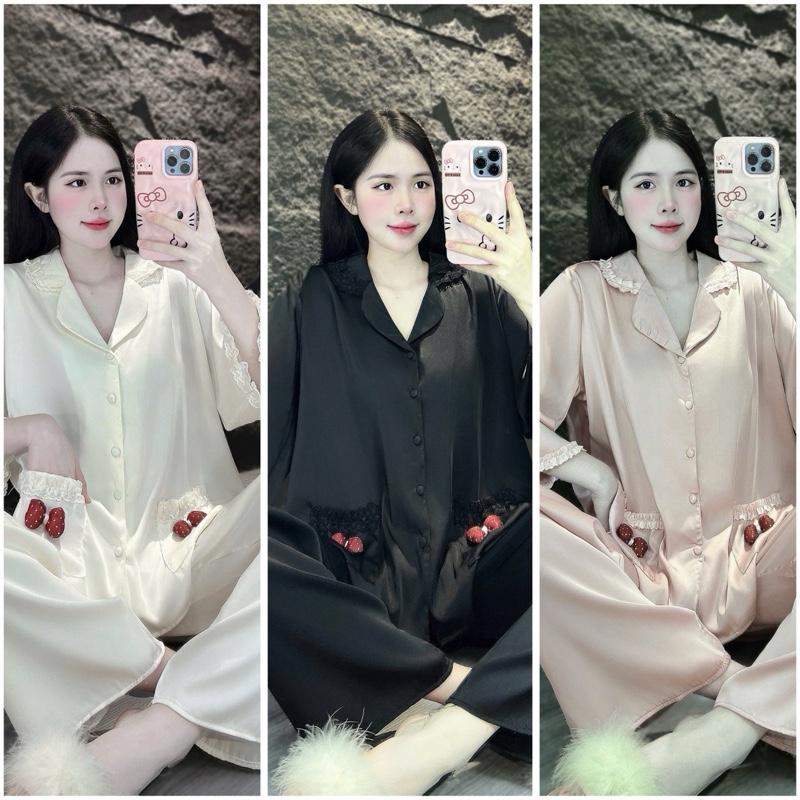 Bộ Pijama Lụa Latin- 43-65kg Áo Tay Lỡ Phối Ren Túi Charm Nơ Cực Xinh,Quần Ống Rộng,Có Túi Nữ Women