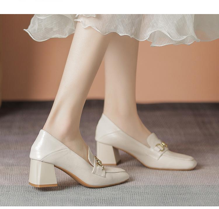 Product Introduction of Lefu shoes, white leather shoes, fashionable design, new high heels, square toe, thick heel shoes 15