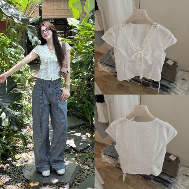 (ẢNH OLDSCHOOL) Áo ren xô boil dáng ôm nữ thắt nơ ngực tay hến CHEALIN TOP