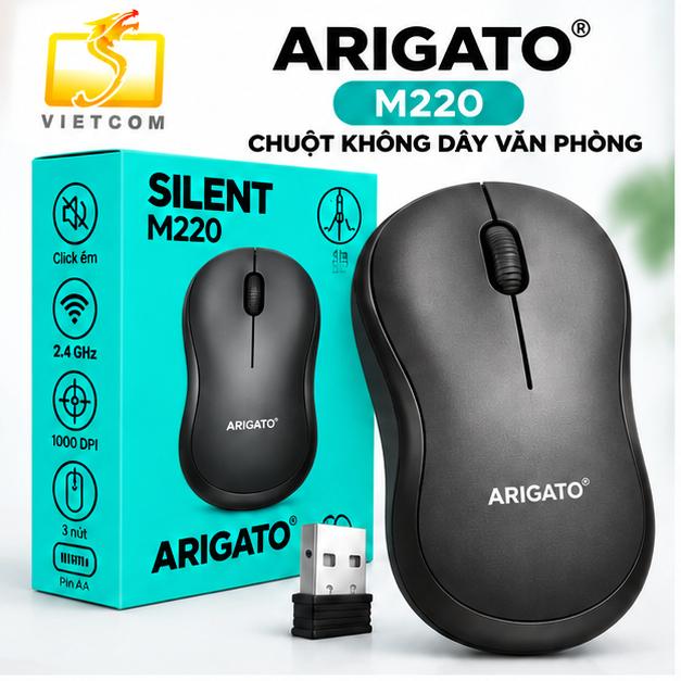 Chuột Không Dây ARIGATO M220 Silent 2.4GHz, Click Êm, 1000 DPI, USB Nano, 1 Pin AA, Màu đen