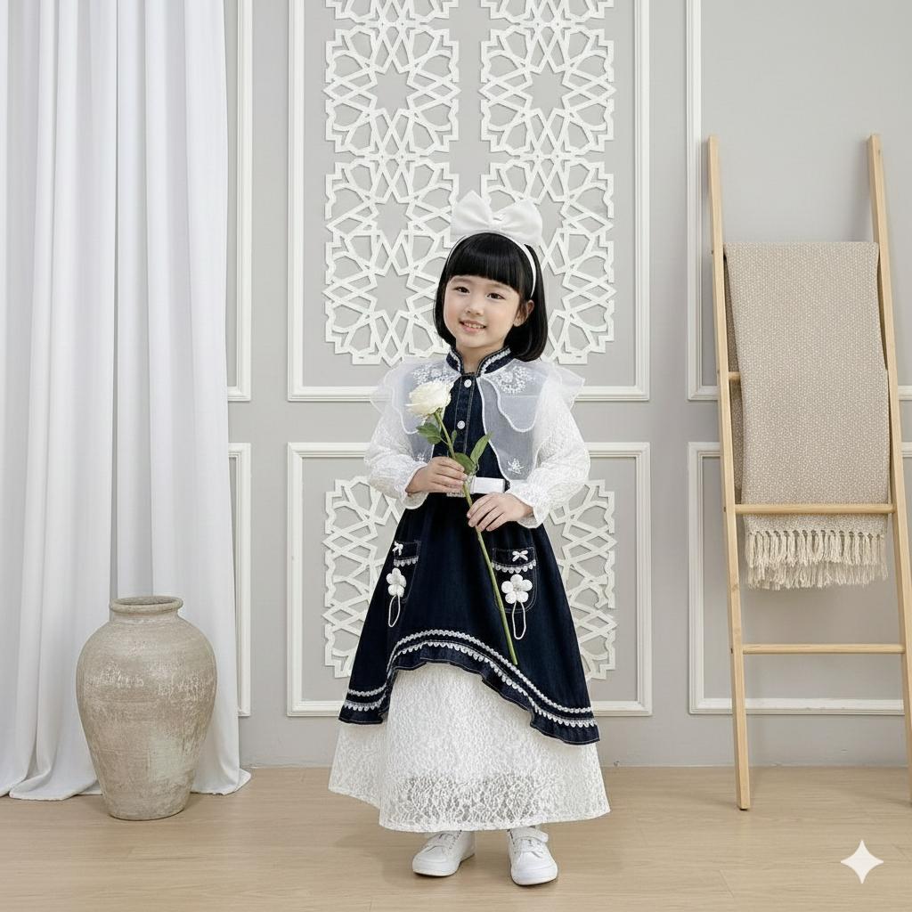 Nazella Gaun Jeans Snow Black Organza Farian Belt Putih untuk Anak Perempuan Usia 3-10 Tahun Baju Muslimah Lengan Panjang Kekinian Terbaru Viral 2026