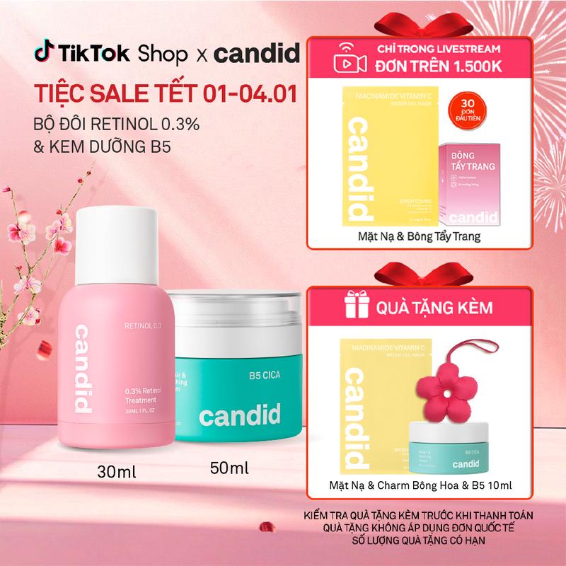 Bộ Đôi Hỗ Trợ Cải Thiện Và Phục Hồi Làn Da Candid Retinol 0.3% 30ml & Kem Dưỡng B5 Cica 50ml