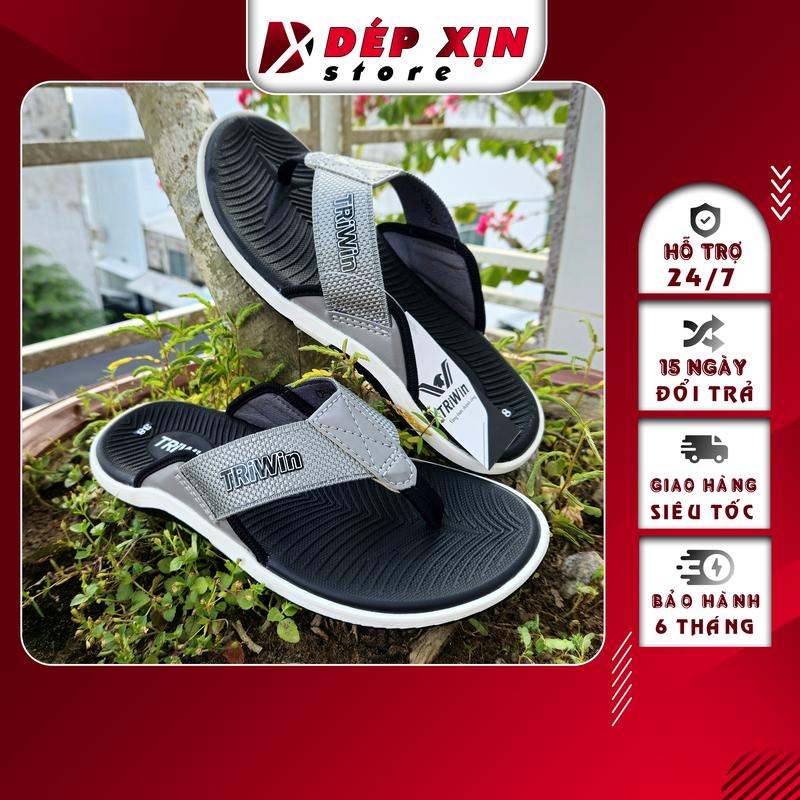 Dép Kẹp Nam Cao Cấp TRIWIN Quai Dù Lót Da Đế Cao Su Chống Trượt (Đen Quai Xám) Đế Bằng DéP xỏ depkep ngón dibien
