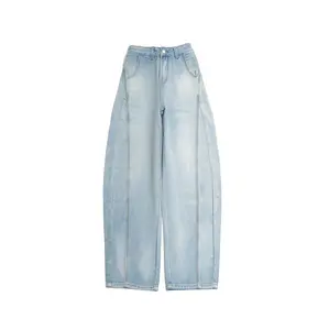 Adorela-Jeans 8858-1 Oversize Baggy Loose Celana Jeans Wanita Biru Muda Kaki Lebar High-End Musim Gugur 2025 Panjang Fit Elegan