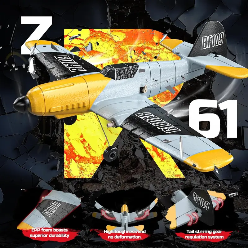 DEERC RC Plane 3 Channel BF-109 Remote Control Airplane Fighter, 2.4GHz 6-axis Gyro Stabilizer RTF Glider Aircraft with 2 Batteries, Easy to Fly for Beginners. 4