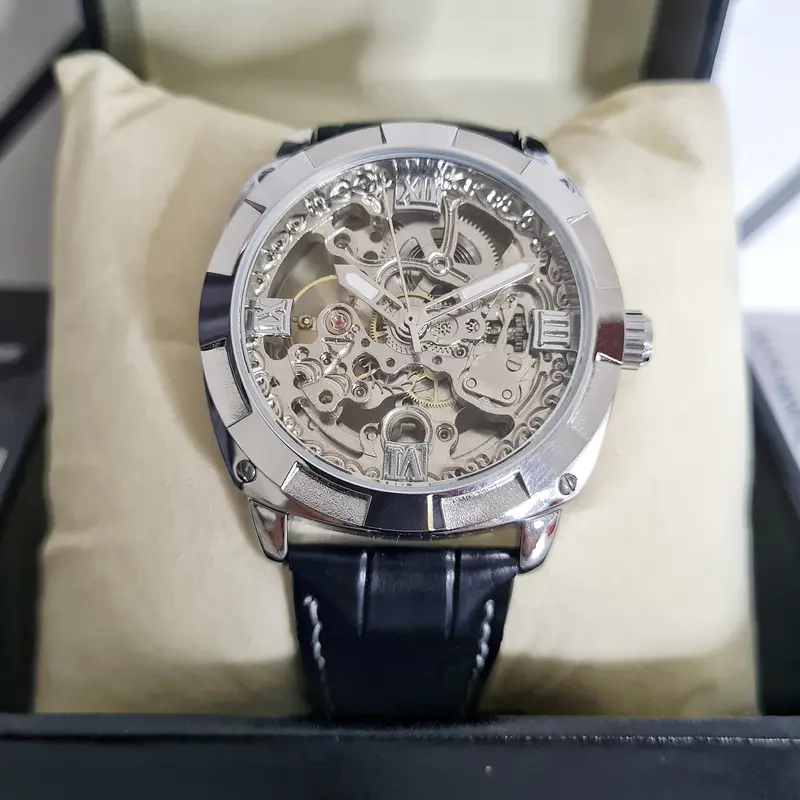 Jam Tangan Pria Original FORSINING Invisible Automatic Otomatis Mechanical Mekanik Skeleton Tali Kulit Hitam Black Leather Anti Air Water Resist Watches 1