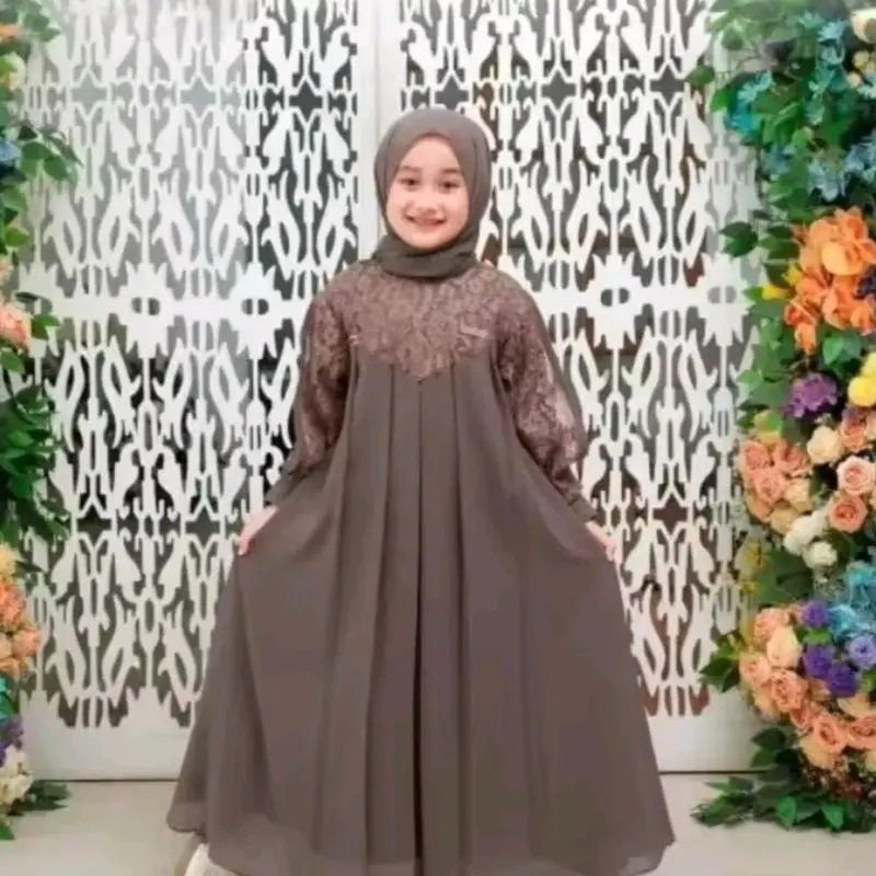 Gaun trendy 2024 - Gaun Inara satu set sama Jilbab - couple Ibu Dan Anak 3-12 Tahun - Cryncle Mix kombinasi Brookat Lebaran Gamis Muslim 2