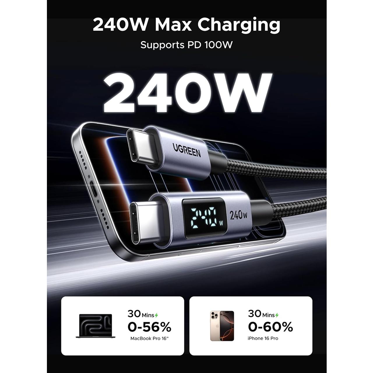 UGREEN Kabel Charger USB C - USB C 240W Braided 1m Digital Display - Black L530 65866