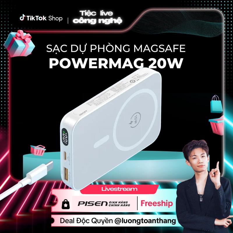 Deal Độc Quyền x PISEN _ Sạc Dự Phòng Magsafe Siêu Nhỏ | Sạc Nhanh 2 Chế Độ 2 Cổng Sạc Nhỏ Gọn Bỏ Túi Dễ Dàng Mang Đi Phù Hợp Điện Thoại Android IOS | PISEN QUICK - PowerMag 20W Digital | TP-D111 | Bảo Hành 24 Tháng | Bảo Hiểm 2 Triệu Đô .