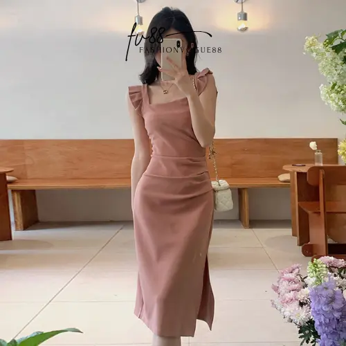 fv88 - Dress Wanita Dress Pesta Kondangan Dress Party Dress Korea Dress Panjang Ruffle Simple Elegant Mewah Polyester Premium Formal Gaun Natal Midi Casual 0