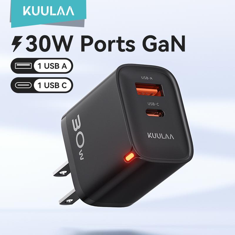 KUULAA Bộ sạc GaN 30W 2 cổng (USB-C + A) Sạc nhanh PD Tương thích với Ip, Ipad, Xiaomi, Huawei, Samsung và Điện thoại Android