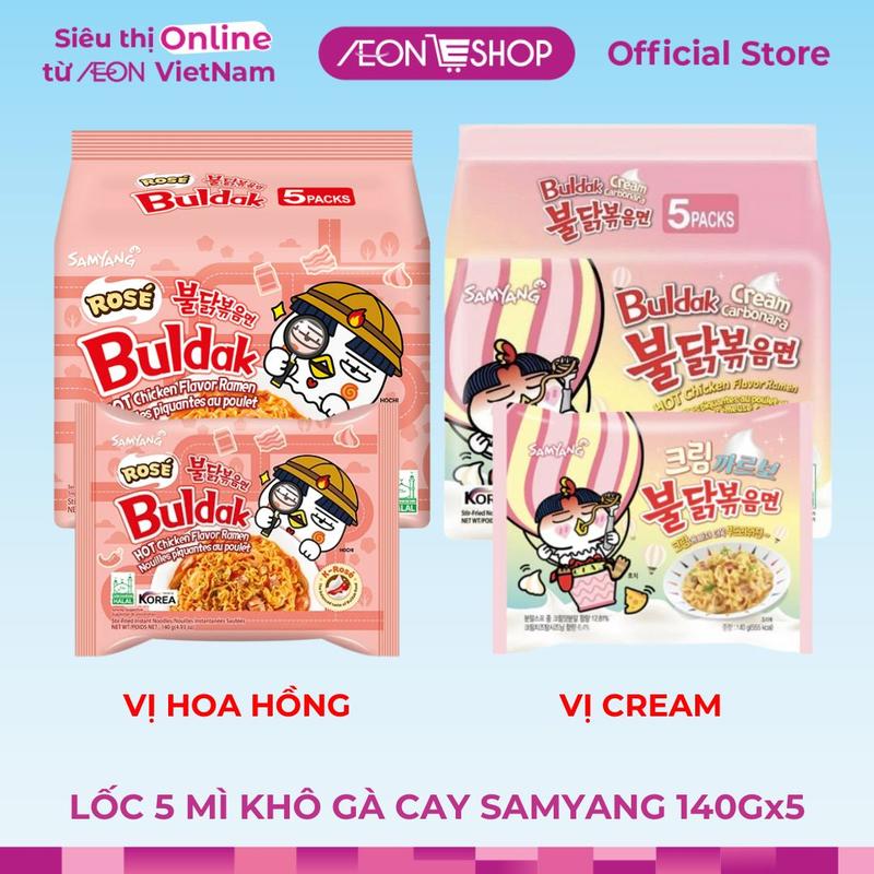 AEONESHOP Lốc 5 Gói Mì Khô Gà Cay Hàn Quốc Samyang Vị Hoa Hồng Vị Cream 140Gx5