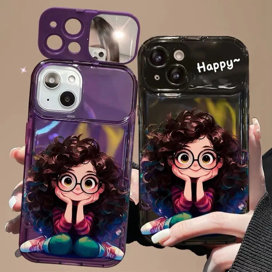 Happy Girl Mirror Phone Casing for IPhone 15 11 13 12 14 Pro Max Plus 8Plus 7Plus X XR 12Pro XS MAX 13Pro Case Cute Cartoon Soft Silicone Camera Protector Shockproof Flip Cover