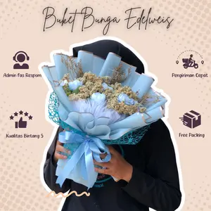 Buket bunga kering edelwiss kado wisuda ulang tahun cewek warna biru free kartu ucapan