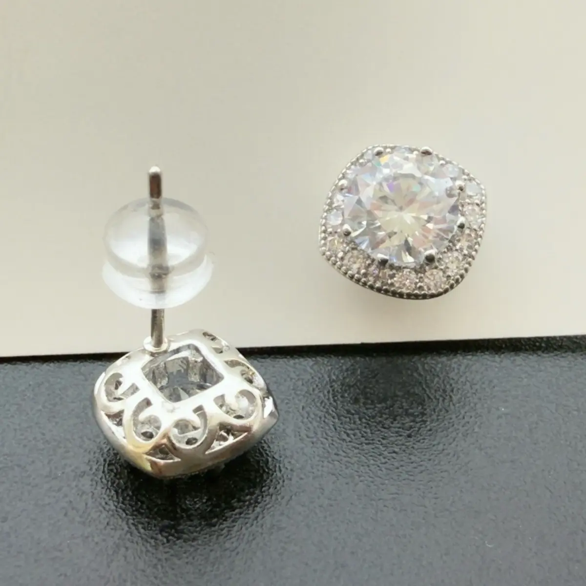 TOKHIMI Zircon Stud Earrings for Women - Square Crystal S925 Silver Earrings with Halo Design