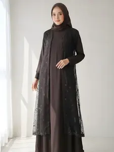 Gamis Wanita Rompi Lepas Elegan Set 2in1 Outer Brokat + Inner Rayon Twill – Dress Muslimah Premium