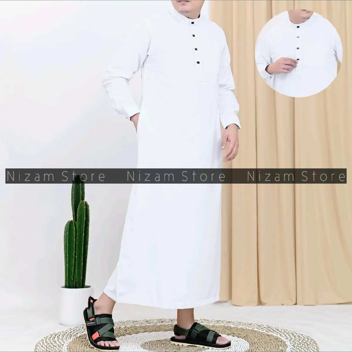 COD Jubah Dewasa Warna Polos Lengan Manset Kancing Snap Gamis Pria Panjang Muslim Katun cowok Hitam Putih