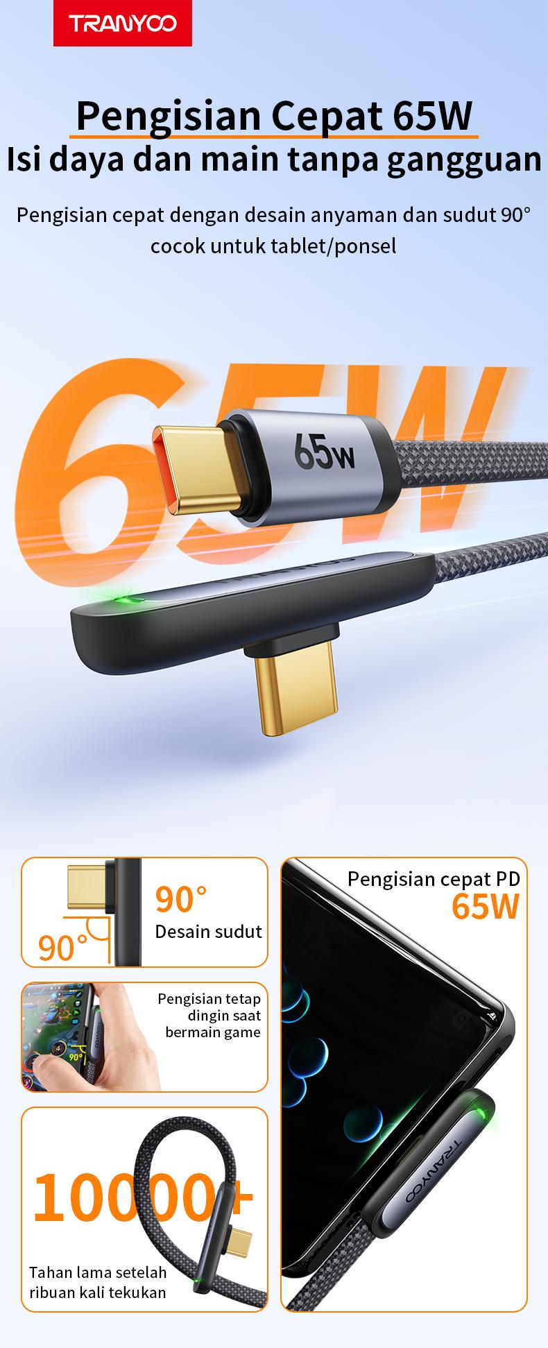 TRANYOO Kabel Data 65W Type-C ke Type-C / 30W Lightning(iPhone), desain siku 90°, cocok untuk iPhone, Samsung, OPPO, VIVO, Xiaomi, POCO, realme, Infinix & Android. Konektor emas, panjang 1,2m, cocok untuk ponsel & tablet, model CC-3.