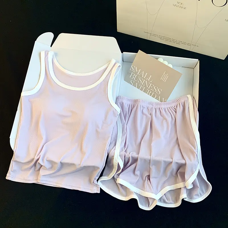 1Set Nightwear Suspender Vest Shorts Loungewear Summer with Chest Pad Pajamas Set Women's Light Breathable Comfortable Solid Color Purple Threaded Cloth