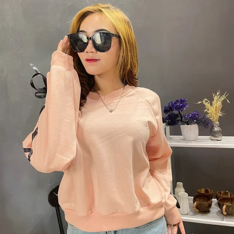 Sweater Aqeela Crop Wanita Kekinian Terbaru  Fit Crewneck Oblong Motif Lengan Pita Fleece Outer Remaja Panjang 4