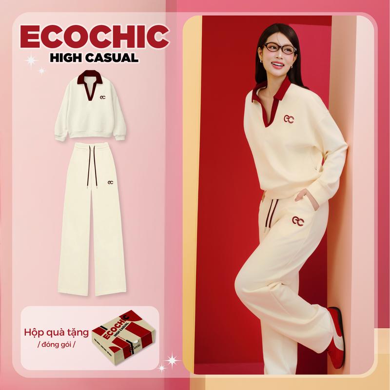 Set Nỉ Cổ Bẻ ECOCHIC Set Áo Dài Cổ Chữ V Quần Suông Chất Liệu Cao Cấp Chính Hãng Ecochic B180