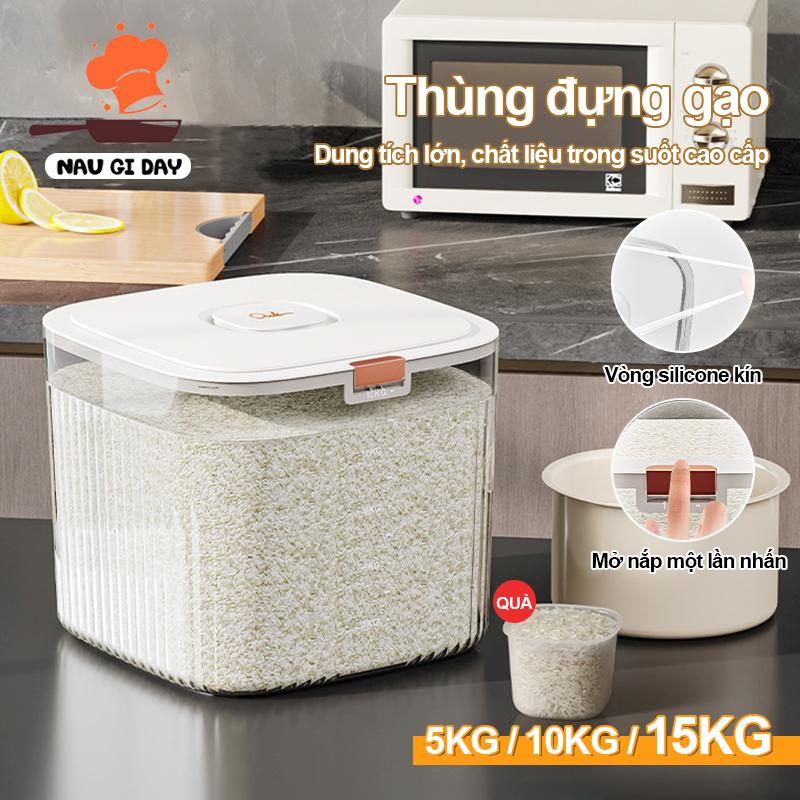  Hộp đựng bảo quản gạo Cấp thực phẩm Có sẵn trong các kích cỡ 5kg 10kg và 15kg Chống ẩm chống sâu bệnh Thiết kế nắp một nút nhấn 