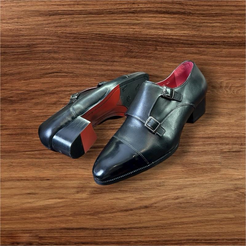  Double Monstrap 5cm Da Bò Ý Đế Gỗ đỏ dán Vimbram  Lót đỏ đi tiệc  giày nam công sở 