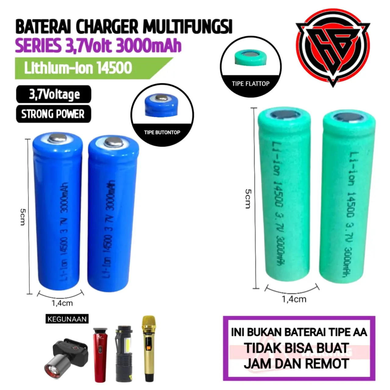 Baterai Cas / Baterai Tipe Li-ion 14500 Butontop / Flattop 3000mAh 3,7V ISI 2 PCS