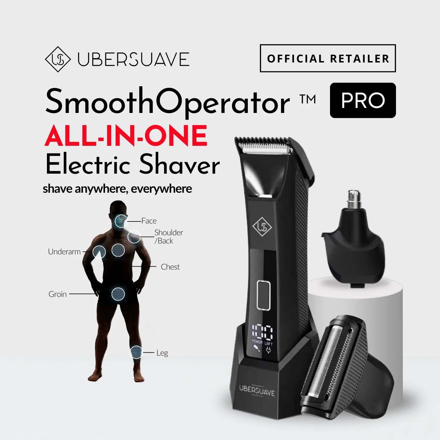 Ubersuave SmoothOperator PRO | Full Body, Groin & Nose Trimmer | 3 Interchangeable Blades | 3-5mm Adjustable Lengths | Smooth Operator Comfort