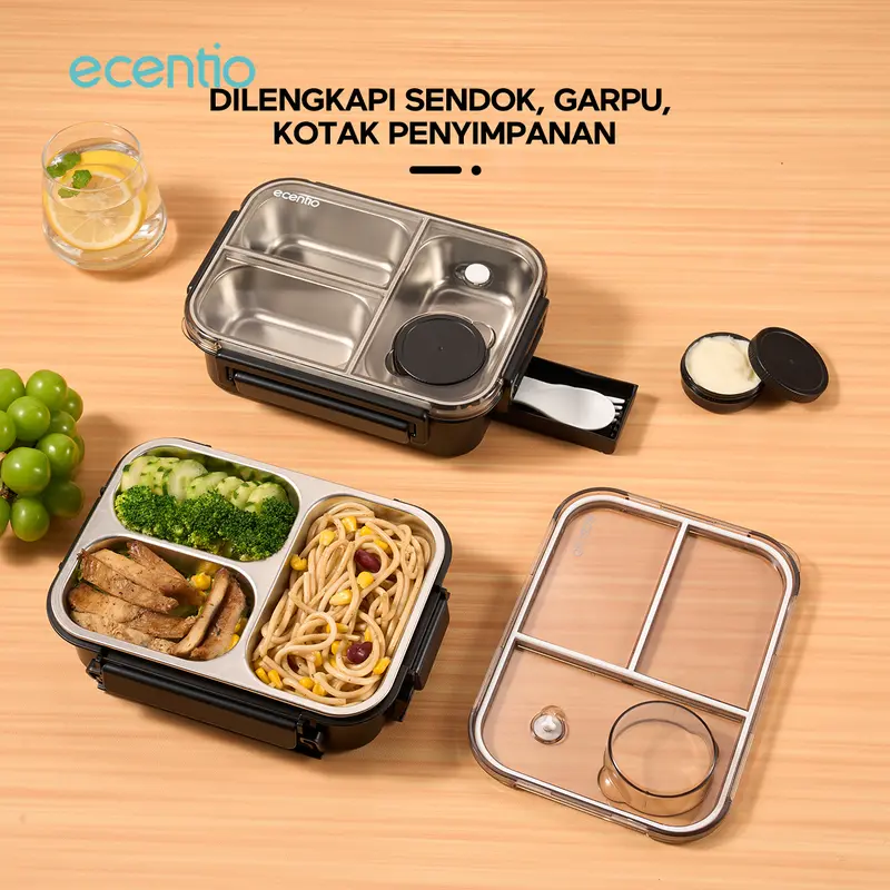 【kotak bekal stainless set】【2.0 anti tumpah】ecentio lunch box stainless 800ml sekat 3 dengan sendok sumpit free kotak sauce kecil Baja Garpu 2
