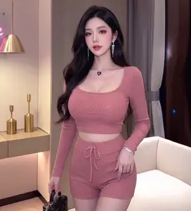 Korean Bodycon Sexy U Neck Autumn Hooded Top Short Sexy Slimming Hot Girl High Waisted Shorts Set Sports Suit W1036