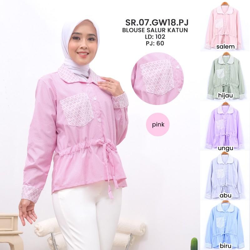 Kemeja Katun Salur Tangan panjang Pinggang Serut Wanita Dewasa Motif