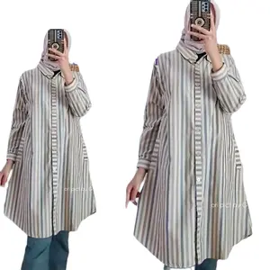 GERAI WINARTI LONG LAMIA TUNIK GARIS SALUR LD 110 ATASAN KATUN JUMBO WANITA BLOUSE KEMEJA KEKINIAN Baju Muslim Panjang Kancing Oversize