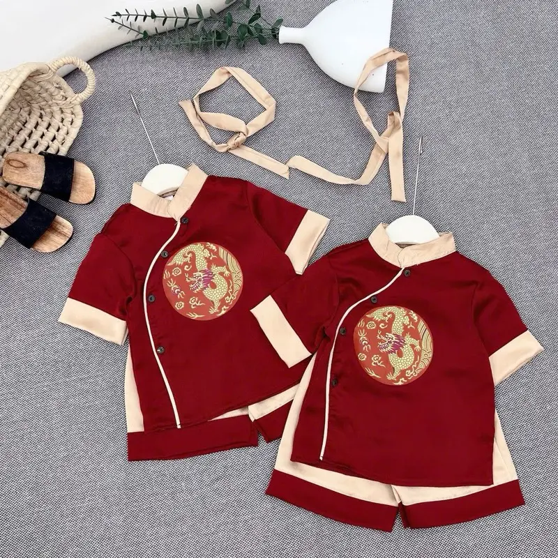 [ Hoa Hồng Qc ] Set cộc tay mặc tết chất lụa mềm mát TẶNG KHĂN cho bé trai mặc đi chơi , lễ tết - 1