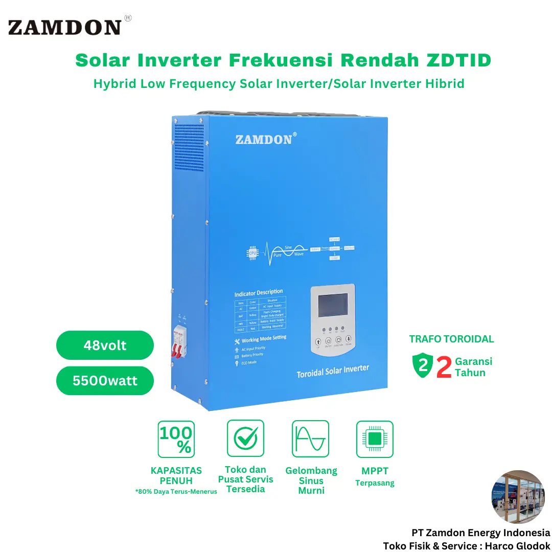 Zamdon Frekuensi Rendah 5.5KW/6.875KVA 48V Off grid Inverter Surya Hybrid dengan built-in  100A MPPT Garansi Dua Tahun | Solar Inverter 5000w + 500w