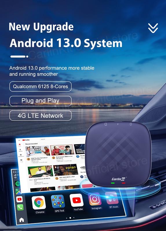 Product Introduction of CarlinKit CarPlay Ai Box PLUS Android 13 8G+128G Wireless Android Auto CarPlay Adapter Qualcomm 6125 8-cores 4G LTE 21