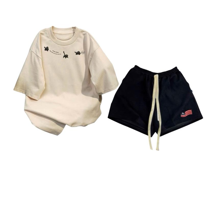 Set Áo Phông 3 Mèo Xinh Xắn Form Rộng + Quần Đùi Lá Cờ Cotton Thoáng Mát Phong Cách Trẻ Trung