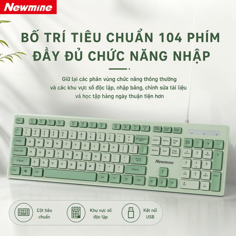 Newmine Bàn Phím Có Dây Văn Phòng 104 Phím | Gõ Êm, Thiết Kế Nhiều Màu Sắc, Bàn Phím USB Cho Máy Tính Laptop