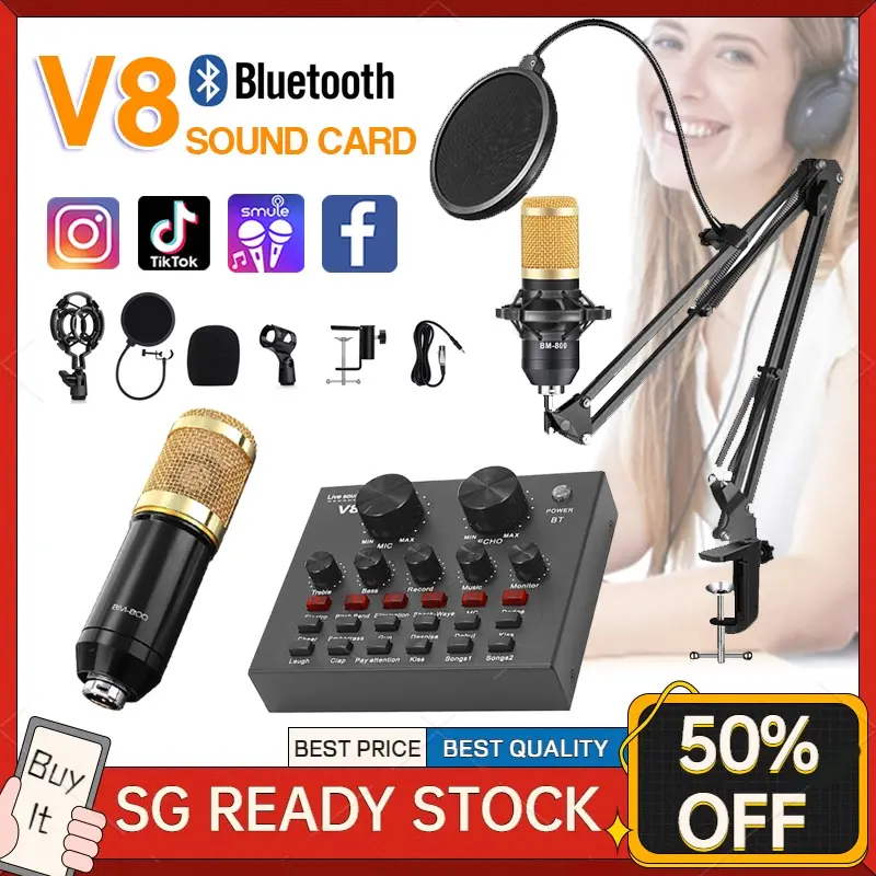 SOUNDCARD V8 PLUS LENGKAP MIC V8 SOUND CARD WITH BM800 MICROPHONE LIVE BROADCAST EQUIPMENT FULL SET OF MOBILE PHONE MIC KIT SING VOCAL AUDIO