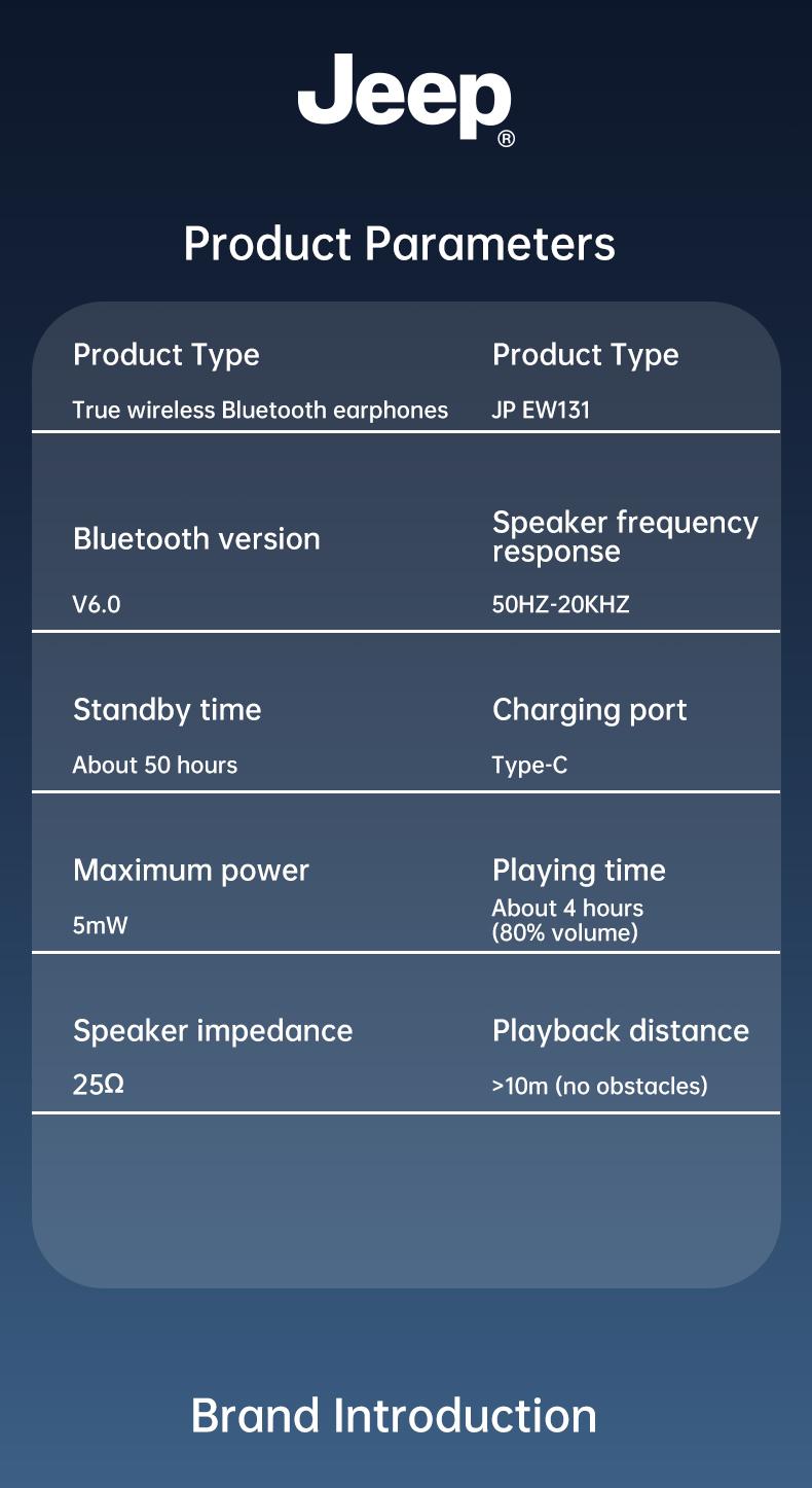 Jeep JP-EW131 TWS Earphone Bluetooth 6.0 Headphone Nirkabel Kontrol Sentuh Suara HIFI Panggilan HD Headset