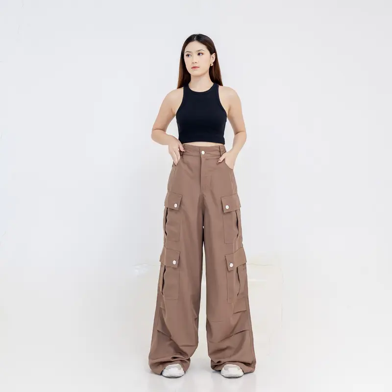 Georgios Women | Aline Pants Vol 2 | Celana Panjang Cargo Korean Wanita Kekinian High Waist Casual Cewek Dewasa Hitam Loose Karet Baggy 3
