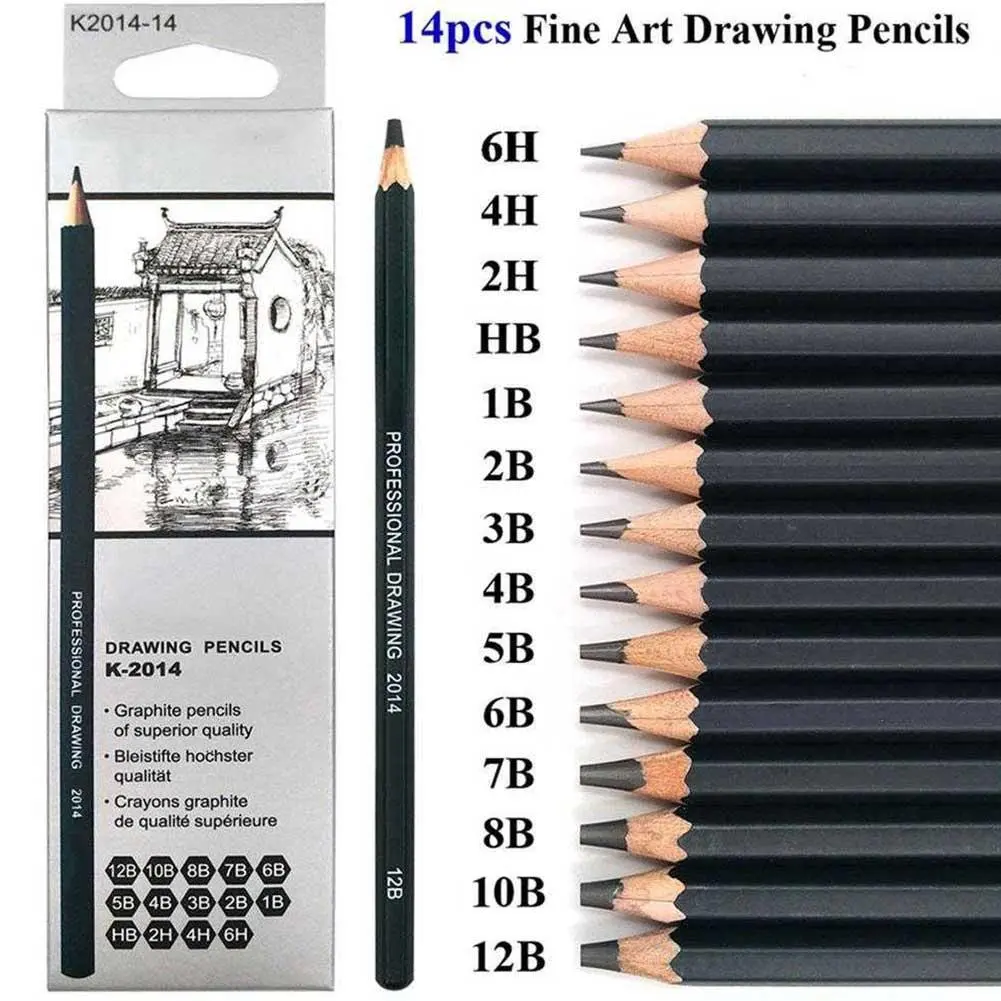 Bút chì phác thảo than chì, 14 cái / bộ, 12B, 10B, 8B, 7B, 6B, 5B, 4B, 3B, 2B, HB, 2H, 4H, 6H